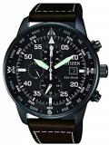 Citizen Men Eco Drive (Solar Powered), Aviator Design, Stainless Steel, Date Display, Chronograph and Water Depth Resistant (100m), Black Dial & Brown Strap, CA0695-17E