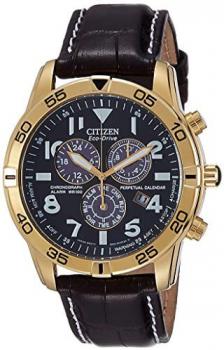 Citizen Eco-Drive Chronograph Perpetual Calendar Alarm Black Dial Leather Men's Watch BL5472-01E