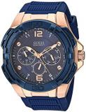 GUESS  Oversized Iconic Rose-Gold-Tone Blue Stain Resistant Silicone  Watch with Day, Date + 24 Hour Military/Int'l Time. Color: Iconic Blue (Model: U1254G3)