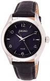 Seiko Men's Year-Round Stainless Steel Solar Powered Watch with Leather Strap, Black, 18 (Model: SNE491P1)