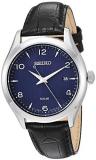 Seiko Men's Dress Stainless Steel Japanese-Quartz Watch with Leather Calfskin Strap, Black, 20.5 (Model: SNE491)
