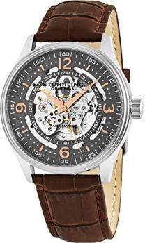 Stuhrling Original Delphi Automatic Watch - Grey Skeleton Dial Wrist Watch for Men - Stainless Steel Brown Leather Analog Watch 730.02