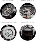 Stuhrling Original Delphi Automatic Watch - Grey Skeleton Dial Wrist Watch for Men - Stainless Steel Brown Leather Analog Watch 730.02