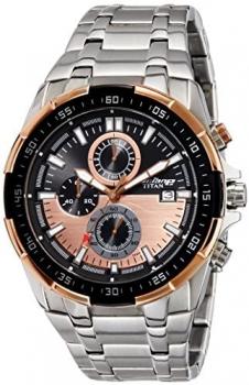 Titan Men's Contemporary Chronograph/Multi Function,Work Wear,Gold/Silver Metal/Leather Strap, Mineral Crystal, Quartz, Analog, Water Resistant Wrist Watch