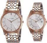 Titan Couple's 16362565KM01 Contemporary Silver Dial Silver-Gold Metal Strap Watch