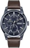 HUGO Men's Ionic Plated Blue Steel Quartz Watch with Leather Strap, Brown, 22 (Model: 1530154)