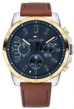 Tommy Hilfiger Men's Stainless Steel Quartz Watch with Leather Strap, Brown, 22 (Model: 1791561)