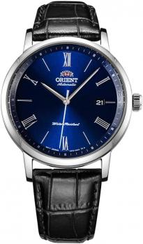 Orient Automatic Watch for Men, Japanese Wrist Watch See-Through Case Back Classic Blue Dial, Date Display Roman Numerals Stainless Steel Leather Strap Gift for him RA-AC0J05L10B