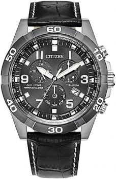 Citizen Men's Eco-Drive Weekender Brycen Chronograph Super Titanium Silver Case with Black Leather Strap,Gray Dial (Model: BL5558-15H)