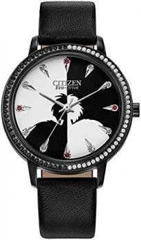 Citizen Eco-Drive Disney Quartz Womens Watch, Stainless Steel with Leather strap, Crystal, Cruella DeVil, Strap(Model: FE7045-09W)