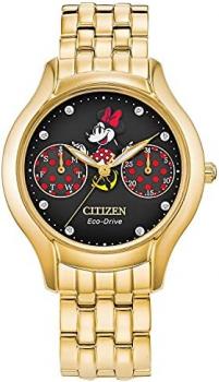 Citizen Eco-Drive Disney Quartz Women's Watch, Stainless Steel, Crystal, Minnie Mouse, Gold-Tone (Model: FD4018-55W)