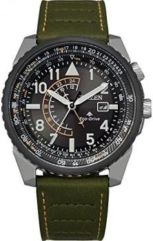 Citizen Men's Eco-Drive Promaster Air Nighthawk Pilot Watch in Stainless Steel with Olive Green Leather Strap, Black Dial (Model: BJ7138-04E)