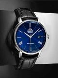 Orient Automatic Watch for Men, Japanese Wrist Watch See-Through Case Back Classic Blue Dial, Date Display Roman Numerals Stainless Steel Leather Strap Gift for him RA-AC0J05L10B