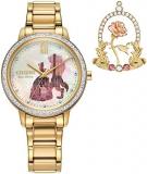 Citizen Women's Eco-Drive Disney Princess Belle Crystal Watch and Pin Gift Set in Gold tone Stainless Steel, Beauty and The Beast Mother of Pearl Dial (Model: FE7048-51D)