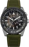 Citizen Men's Eco-Drive Promaster Air Nighthawk Pilot Watch in Stainless Steel with Olive Green Leather Strap, Black Dial (Model: BJ7138-04E)