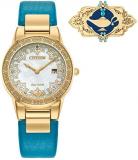 Citizen Women's Eco-Drive Disney Princess Jasmine Crystal Watch and Pin Gift Set in Gold tone Stainless Steel with Teal Leather Strap, Mother of Pearl Dial (Model: GA1072-07D)