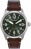 Citizen Men's Sport Casual Garrison 3-Hand Date Eco-Drive Leather Strap Watch, Arabic Markers, Stainless Steel, Field Watch