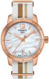 Tissot mens Quickster 316L stainless steel case with rose gold PVD coating Swiss quartz Watch, White,Brown,Beige, Fabric, 19 (T0954103711700)