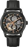 Bulova Men Analogue Automatic Watch with Leather Strap 98A283, Black, Modern