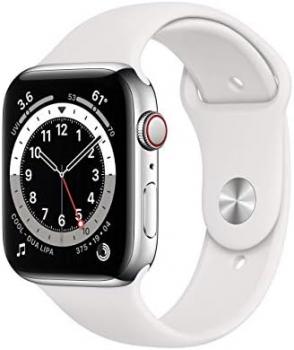 Apple Watch Series 6 (GPS + Cellular, 44mm) - Silver Stainless Steel Case with White Sport Band (Renewed)