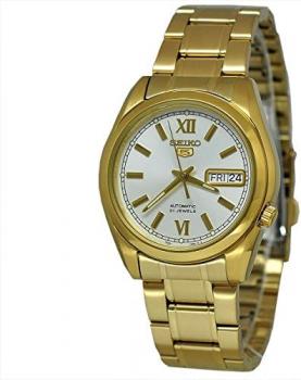 Seiko SNKL58 Mens Seiko 5 Gold Tone Stainless Steel Case and Bracelet White Tone Dial Day and Date Watch