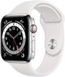 Apple Watch Series 6 (GPS + Cellular, 44mm) - Silver Stainless Steel Case with White Sport Band (Renewed)
