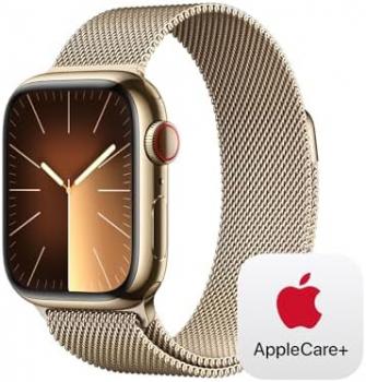 Apple Watch Series 9 [GPS + Cellular 41mm] Smartwatch with Gold Stainless Steel Case with Gold Milanese Loop with AppleCare+ (2 Years)