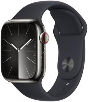 Apple Watch Series 9 [GPS + Cellular 41mm] Smartwatch with Graphite Stainless Steel Case with Midnight Sport Band S/M. Fitness Tracker, Blood Oxygen & ECG Apps, Always-On Retina Display