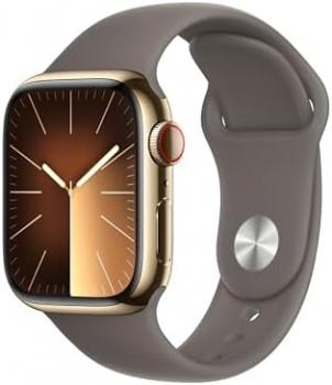 Apple Watch Series 9 [GPS + Cellular 41mm] Smartwatch with Gold Stainless Steel Case with Gold Sport Band S/M. Fitness Tracker, Blood Oxygen & ECG Apps, Always-On Retina Display