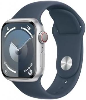 Apple Watch Series 9 [GPS + Cellular 41mm] Smartwatch with Silver Aluminum Case with Storm Blue Sport Band S/M. Fitness Tracker, Blood Oxygen & ECG Apps, Always-On Retina Display