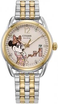 Citizen Ladies Eco-Drive Disney Minnie Empowered Two Tone Stainless Steel Watch with Crystal Accents, White Dial,3 Hand (Model: FE6084-70W)