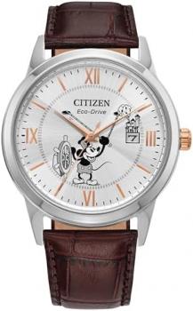 Citizen Eco-Drive Disney Steamboat Willie Mickey Mouse Stainless Steel Case Watch, Brown Leather Strap (Model: AW1788-07W)