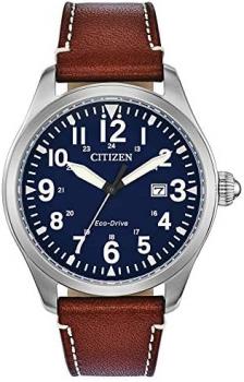 Citizen Men's Sport Casual Garrison 3-Hand Date Eco-Drive Leather Strap Watch, Arabic Markers, Stainless Steel, Field Watch