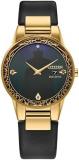 Citizen Ladies' Eco-Drive Disney Villians Evil Queen Gold Stainless Steel Case and Black Leather Strap Watch and Pin Gift Set, Black Dial,Crystal Accent,Date (Model: GA1082-46W)