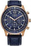 Citizen Men's Eco-Drive Weekender Sport Casual Chronograph Rose Gold Stainless Steel Watch with Blue Leather Strap, Blue Dial (Model: CA4503-00L)