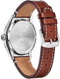 Citizen Men's Sport Casual Garrison 3-Hand Date Eco-Drive Leather Strap Watch, Arabic Markers, Stainless Steel, Field Watch