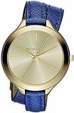 Michael Kors Slim Runway Champagne Dial Blue Leather Double Wrap Ladies Watch MK...