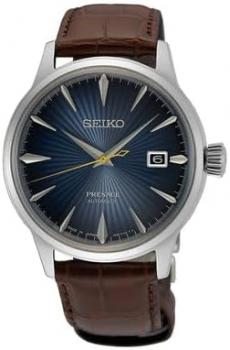 SEIKO Men's Blue Sunray Dial Brown Leather Band Presage Cocktail Time Automatic Analog Watch