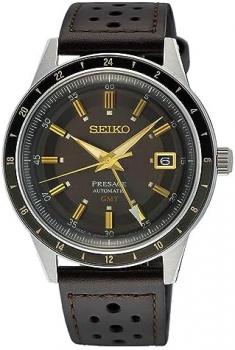SEIKO Men's Satin Black Dial Brown Grained Leather Band Presage Automatic GMT Analog Watch