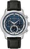 Bulova Men's Classic Sutton 6-Hand Chronograph Quartz Silver Stainless Steel Case Watch with Black Leather Strap, Blue Dial, 44mm Style: 96B420