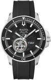 Bulova Men Analog Automatic Watch with Silicone Strap 96A288, Silver/Black, Strap.
