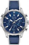 Bulova Men's Marine Star Series B Stainless Steel 6-Hand Chronograph Quartz Watch with Blue Leather and White Silicone Lining Strap, Blue Dial, 43mm Style: 96B287