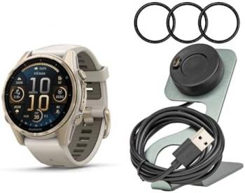 Garmin Fenix 8 AMOLED 43mm GPS Smartwatch (Soft Gold and Fog Gray-Dark Sandstone) Bundle with Portable Charger Stand and Screen Protector Film (3 Items)