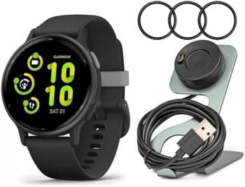Garmin Forerunner 165 GPS Running Smartwatch (Black and Slate Gray) Bundle with Tempered Glass Screen Protector and Portable Charger Stand (3 Items)