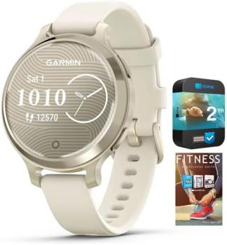 Garmin 010-02891-00 Lily 2 Active Smartwatch Lunar Gold with Bone Silicone Band Bundle with Tech Smart USA Fitness & Wellness Suite and 2 YR CPS Enhanced Protection Pack