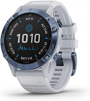 Garmin fenix 6 Pro Solar, Multisport GPS Watch with Solar Charging Capabilities, Advanced Training Features and Data, Mineral Blue with White Band