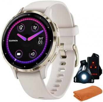 Garmin 010-02785-04 Venu 3S Health Fitness GPS Smartwatch Gold Steel Bezel with Ivory Case (41mm) | Official USA Partner Model | Bundle with Towel, Deco Essentials Commuter Front, Rear Safety Light