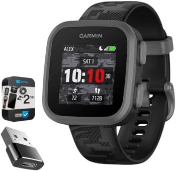 Garmin Bounce Kids Smartwatch Two-Way Text & Voice Messaging, Black Camo 010-02448-00 | Official USA Partner Model | Bundle with 2 YR CPS Enhanced Protection Pack & Converter Adapter Type C Adapter