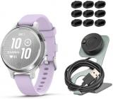 Garmin Lily 2 Active GPS Smartwatch (Silver and Purple Jasmine) Bundle with Focus Camera Portable Charger Stand and USB Charging Cable and Focus Charger Port Protectors (9-Pack) (3 Items)
