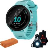 Garmin 010-02562-02 Forerunner 55 GPS Running Watch & Activity Tracker (Aqua) Bundle with Workout Cooling Sport Towel and Wearable Commuter Front and Rear Safety Light